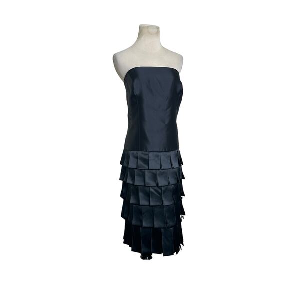 Gabalis black strapless satin fringe layered knee length cocktail dress size 12 - Picture 5 of 6